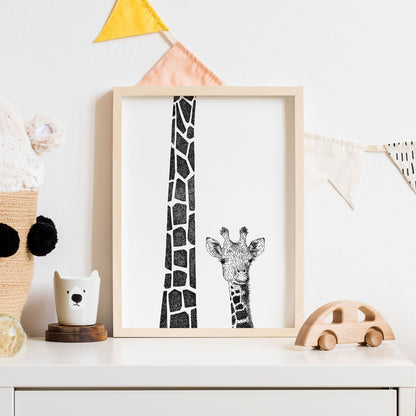 Mum + Baby Giraffe Print - Black and White Animal Art - Bamber Prints